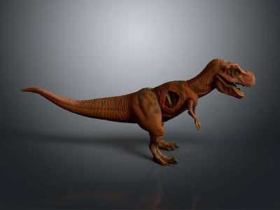 3D Tyrannosaurus Rex Model Standing With Brown Skin Green Spots Open Abdomen And Gray Background 3d model