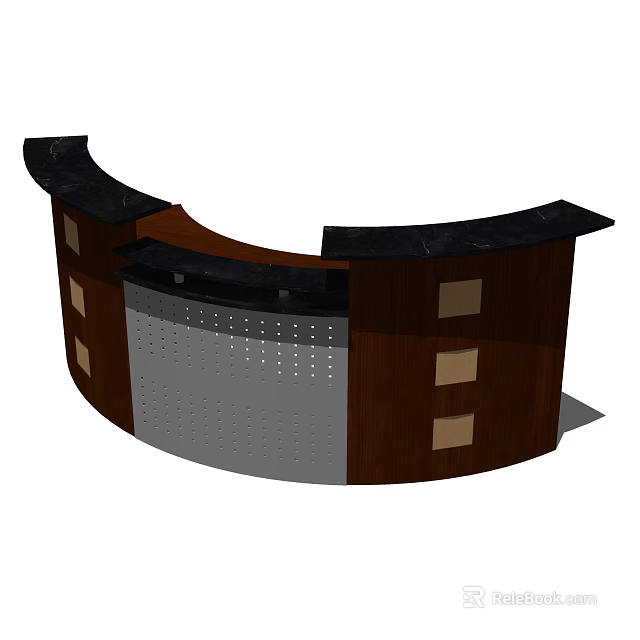 Curved Modern Reception Desk With Wooden Body Black Stone Top And Metal Panel 3d model 