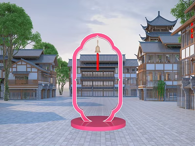Traditional Chinese Architecture Plaza Photo Check In Spot With Pink Frame And Trees 3d model