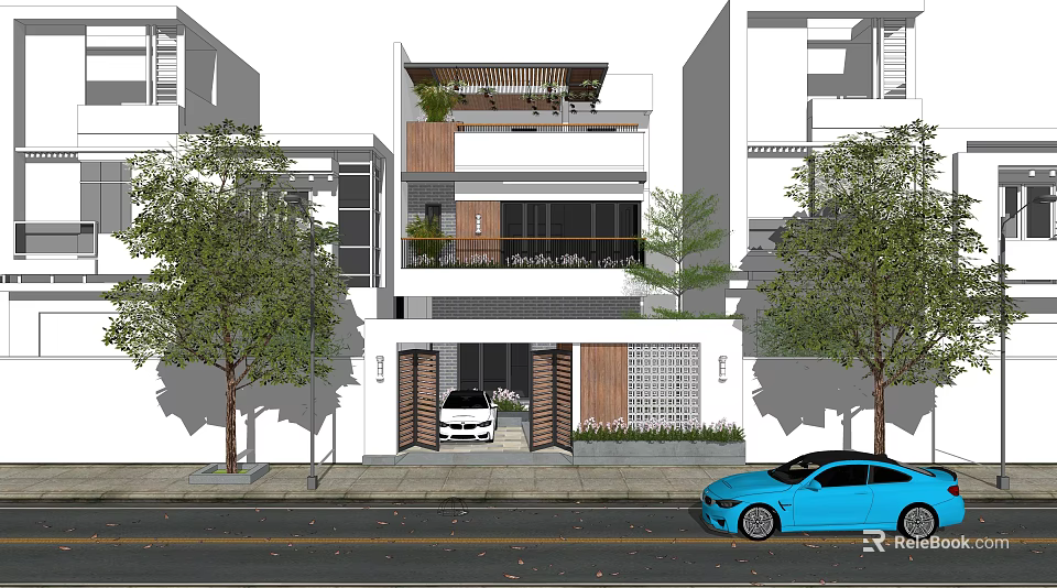 Modern Style Detached Villa Exterior Design With Trees Entrance And Balcony 3d model 