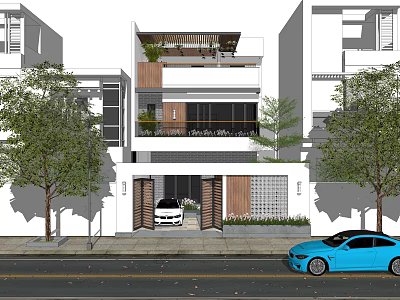 Modern Style Detached Villa Exterior Design With Trees Entrance And Balcony 3d model
