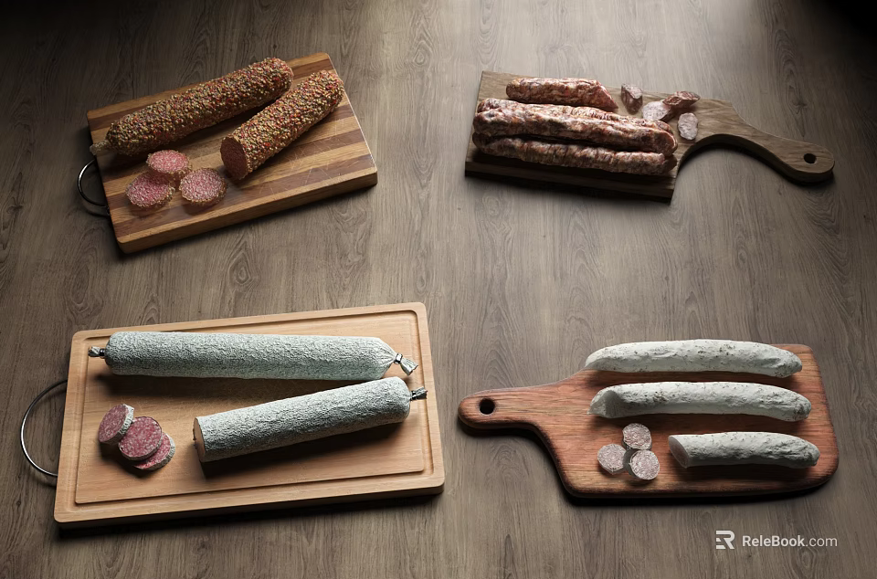 Assorted Sausages on Wooden Cutting Boards with Long Sliced Textures and Colors 3d model 