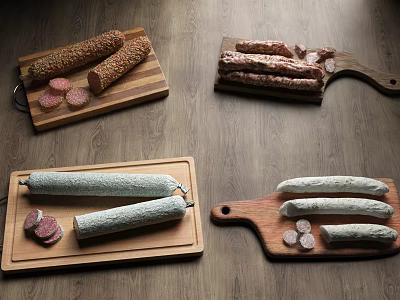 Assorted Sausages on Wooden Cutting Boards with Long Sliced Textures and Colors 3d model