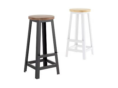 Black and White Modern Stools with Wooden Seats and Simple Design 3d model