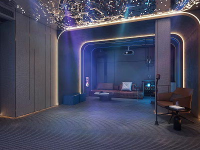 Modern Luxury Home Theater Interior With Starry Sky Ceiling Sofa Projector Dark Walls and Lighting 3d model