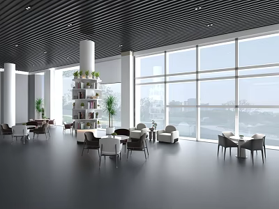 Modern Open Lounge Area With Large Windows Bookshelf Tables Chairs And Green Plants 3d model