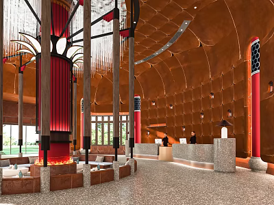 Elegant Hotel Lobby Interior With Arched Ceiling Red Columns Chandeliers And Reception Desk 3d model
