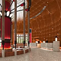 Elegant Hotel Lobby Interior With Arched Ceiling Red Columns Chandeliers And Reception Desk