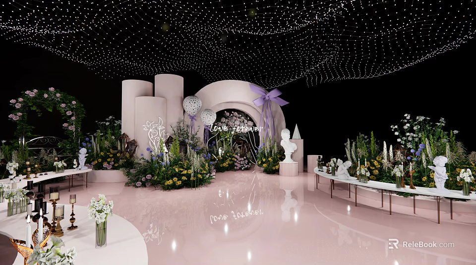Romantic Pink Banquet Hall Interior With Floral Arch String Lights And White Sculptures 3d model 