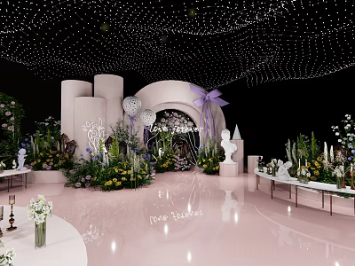 Romantic Pink Banquet Hall Interior With Floral Arch String Lights And White Sculptures 3d model