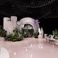 Romantic Pink Banquet Hall Interior With Floral Arch String Lights And White Sculptures