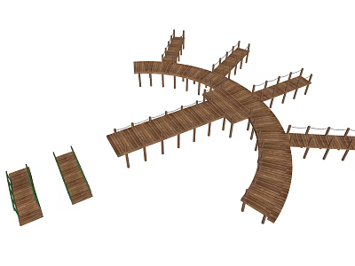 Wooden Pathway Structure With Multiple Branches And Railing For Outdoor Walkway 3d model