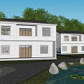 Two Story White House With Green Trees Lawn Pond And Water Lilies Stones