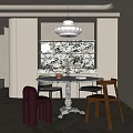Stylish Modern Restaurant Dining Area With Round Table Colorful Chairs And Patterned Backsplash 3d model