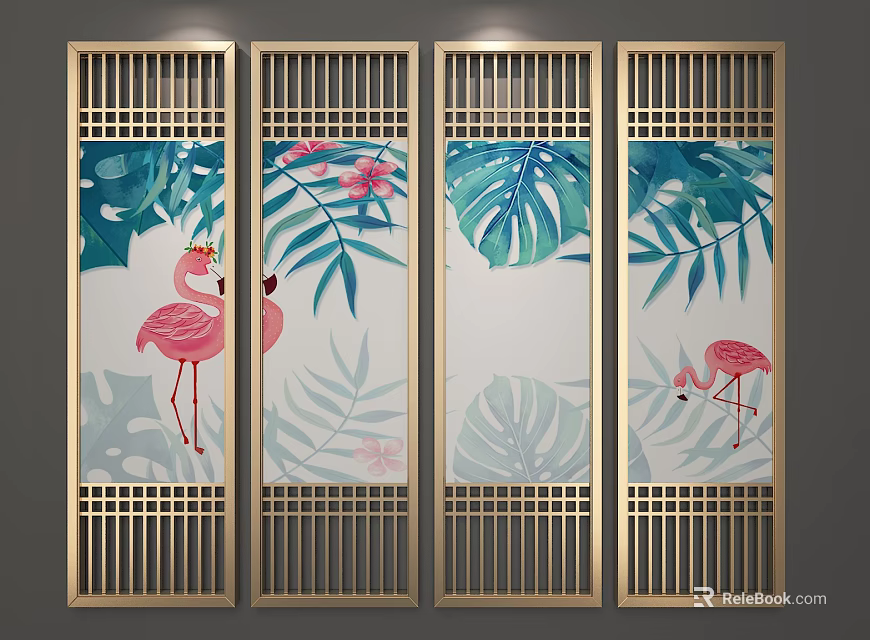 Tropical Plant Paintings With Flamingos On Golden Lattice Screen Panels 3d model 
