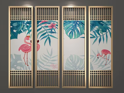 Tropical Plant Paintings With Flamingos On Golden Lattice Screen Panels 3d model