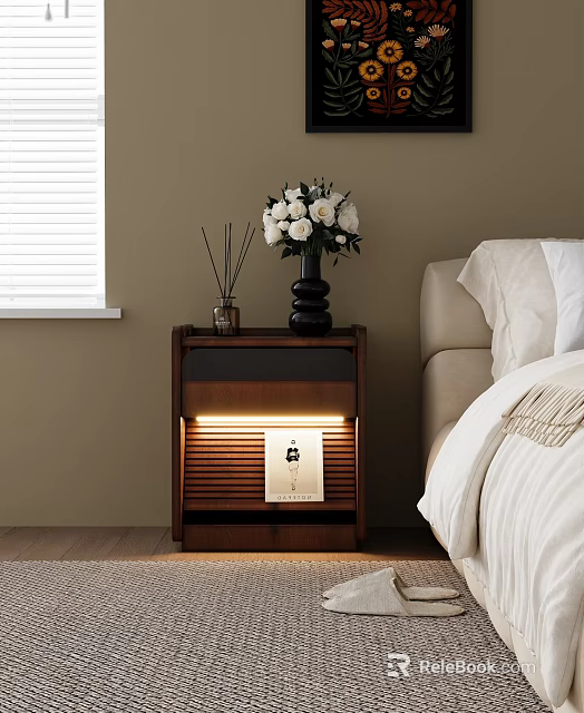 Wooden Bedside Nightstand With White Flowers In Black Vase Incense Sticks And LED Lighting 3d model 