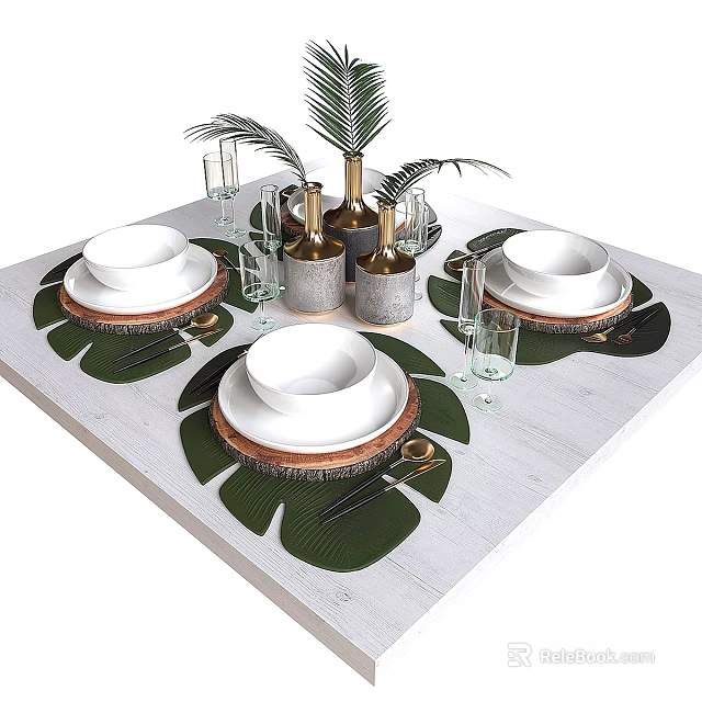 Elegant Tableware Set With Leaf Placemats White Bowls Plates Glassware Golden Bottles On White Table 3d model 