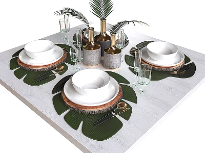 Elegant Tableware Set With Leaf Placemats White Bowls Plates Glassware Golden Bottles On White Table 3d model