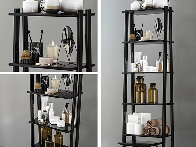 Modern Bathroom Shelf Unit With Toiletries Towels Candles And Decorative Bottles 3d model