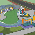 Children's Play Area With Colorful Structures Slide Green Lawn Walkway And Water Feature