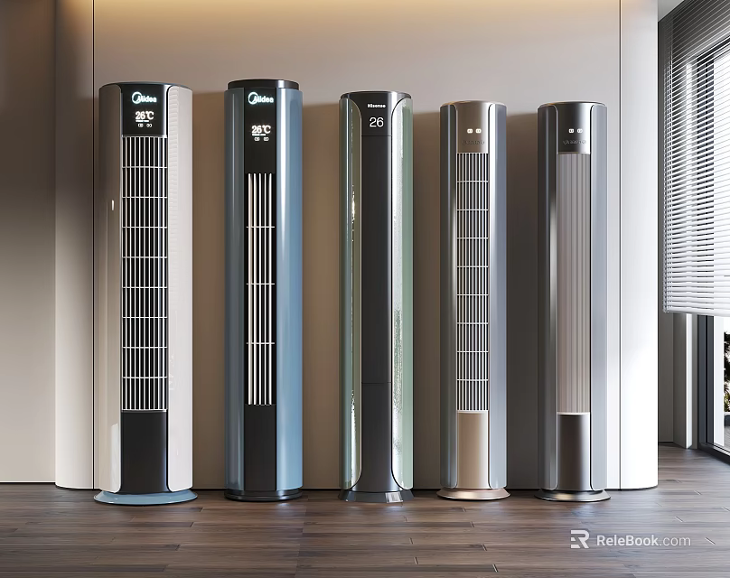 Row Of Standing Air Conditioning Fans With Modern Design In Home Interior 3d model 