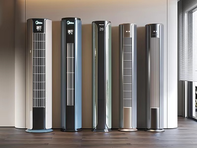 Row Of Standing Air Conditioning Fans With Modern Design In Home Interior 3d model