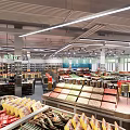 Well Lit Modern Supermarket Interior With Fresh Fruits And Organized Product Shelves