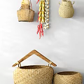 Woven Garden Decorative Pieces With Hanging Baskets Corn Strings And Floor Standing Rattan Containers