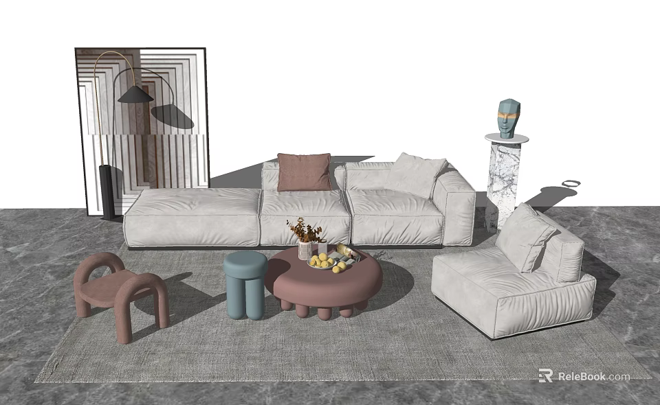 Light Colored Sofa And Round Coffee Table Set With Throw Pillows Small Stools And Decorative Vase 3d model