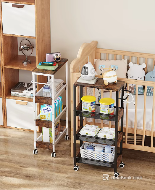 Organized Kids Room With Wooden Crib Multilayer Storage Cart Toys And Milk Powder Tins 3d model 