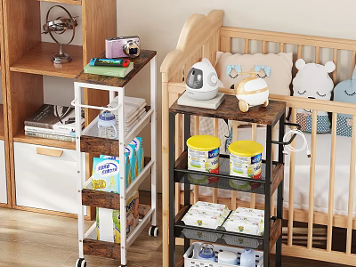 Organized Kids Room With Wooden Crib Multilayer Storage Cart Toys And Milk Powder Tins 3d model