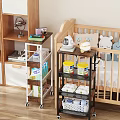 Organized Kids Room With Wooden Crib Multilayer Storage Cart Toys And Milk Powder Tins