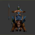 Blue Armored Fantasy Warrior Riding Horned Brown Rhino With Spear