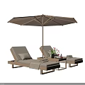 Outdoor Lounge Chairs With Wooden Frame Beige Cushion Side Table Umbrella Flowers And Wine Glass