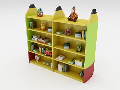 Pencil Shaped Kids Bookcase In Yellow Green With Books Toys And Stuffed Animals 3d model