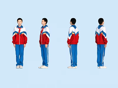 Group of Four People Wearing Red White Blue School Uniforms in Different Standing Angles 3d model