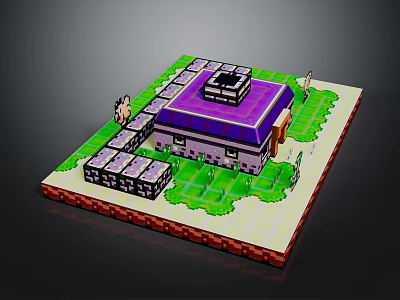 Cartoon Pixel Art Scene Featuring Purple Roof Building Green Grass Pathways And Small Characters 3d model