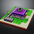 Cartoon Pixel Art Scene Featuring Purple Roof Building Green Grass Pathways And Small Characters