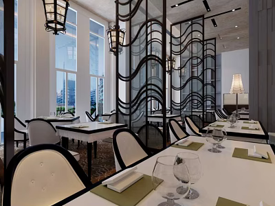 Modern Restaurant Interior With Stylish Wavy Screens Pendant Lights And Dining Tables 3d model
