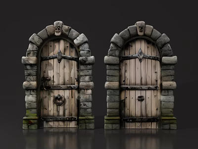 Rustic Security Door With Stone Frame Wooden Panel And Arched Top Metal Hardware Design 3d model