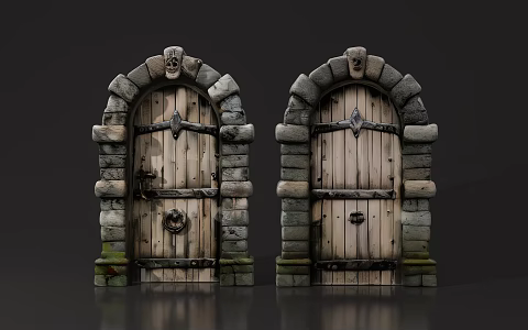 Cartoon Wooden Door Stone Arch Medieval Style Western Architecture Retro Door Cellar Dungeon Prison Castle Hand-made Ornaments Decoration Beautiful Chen Game Props 3d model