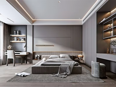 Modern Gray Bedroom Interior Design With Comfortable Bed And Recessed Lighting Wooden Desk Chair 3d model