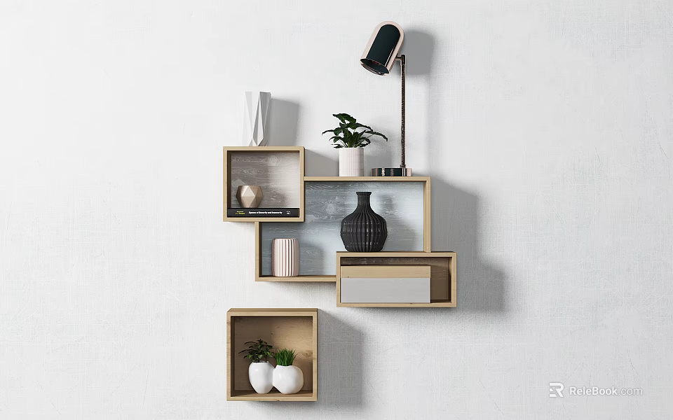 Wooden Wall Cabinets With Layered Design And Decorative Vases On White Wall 3d model 