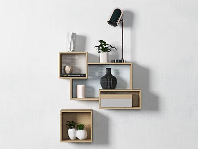 Wooden Wall Cabinets With Layered Design And Decorative Vases On White Wall 3d model