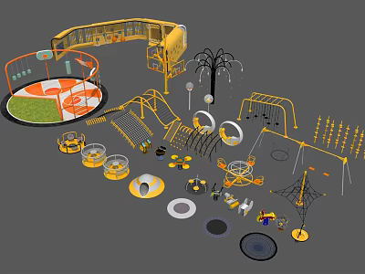 Yellow And Orange Outdoor Playground Equipment With Slides Climbing Nets Swings And Rotating Structures 3d model