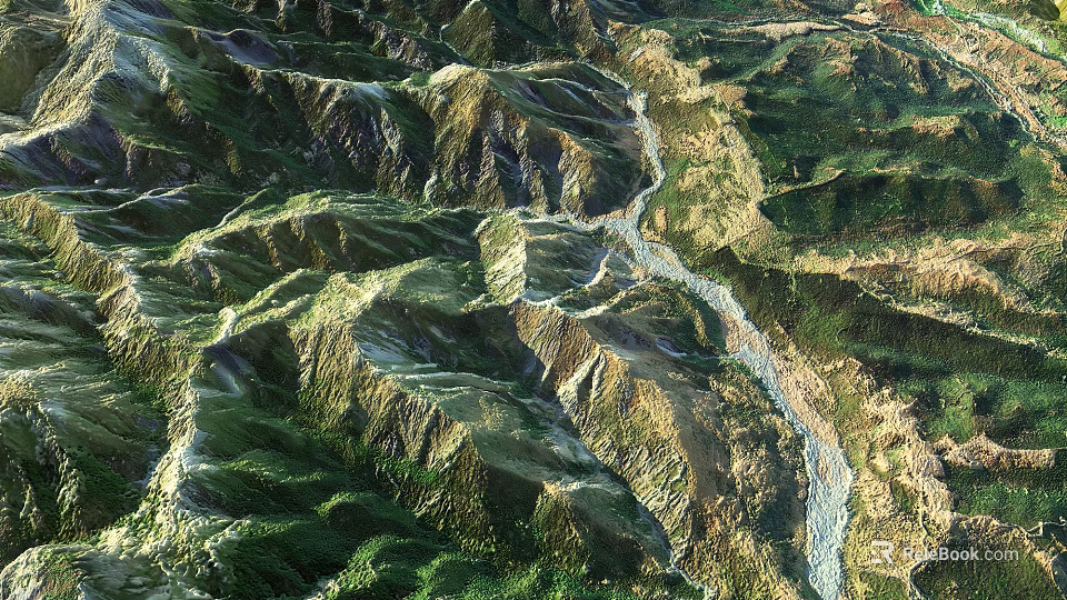 Mountain Garden Landscape With Rolling Hills Lush Greenery And Meandering Stream 3d model 