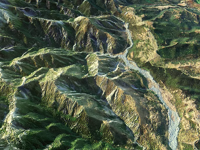 Mountain Garden Landscape With Rolling Hills Lush Greenery And Meandering Stream 3d model