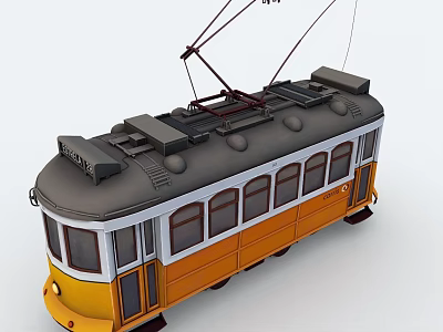 Classic Vintage Tram In Yellow Gray Color With Trolley Poles And Windows 3d model