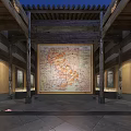 Traditional Chinese Hall Interior With Wooden Structure Inscribed Board And Display Cabinets